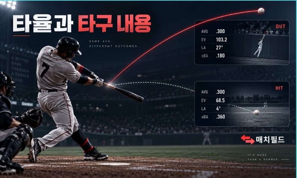 야구 타율 분석에서 타구 속도와 발사각을 비교하는 이미지