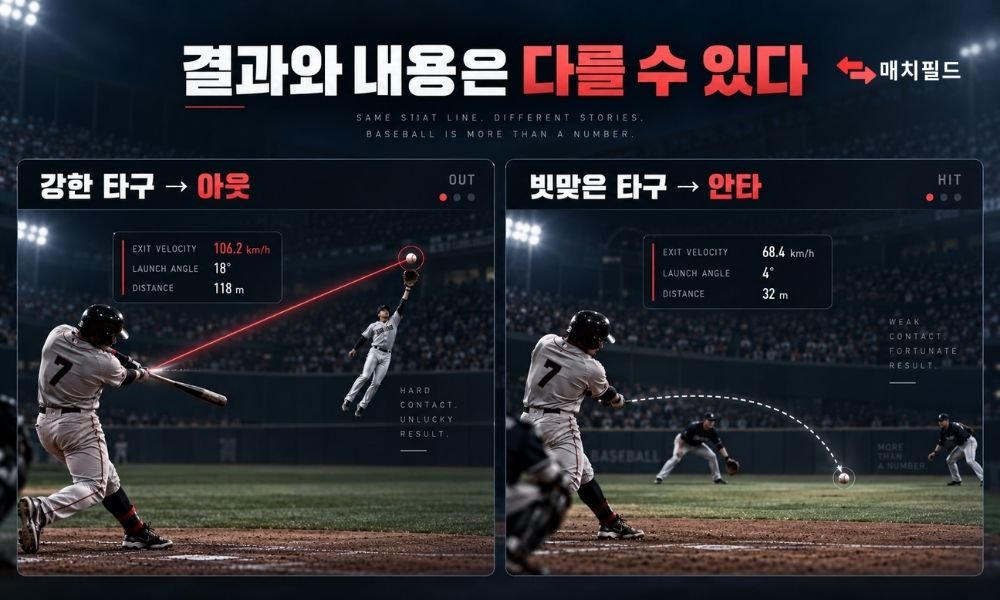 야구 타율 분석에서 강한 타구 아웃과 빗맞은 타구 안타를 비교한 이미지