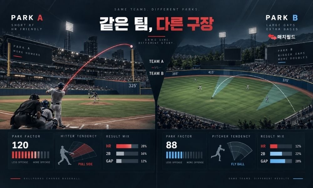 같은 팀이 다른 야구장에서 경기할 때 달라지는 분석 포인트를 비교한 인포그래픽
