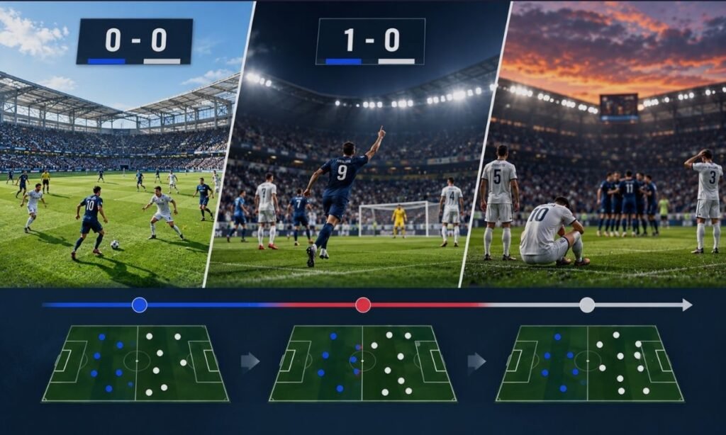 0-0에서 1-0으로 스코어가 바뀌며 경기 상태와 선수 배치가 달라지는 모습