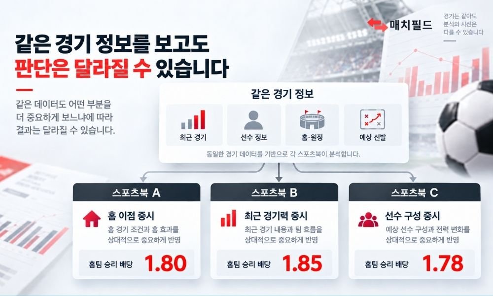 같은 경기 정보를 스포츠북마다 다르게 평가하는 과정을 보여주는 인포그래픽