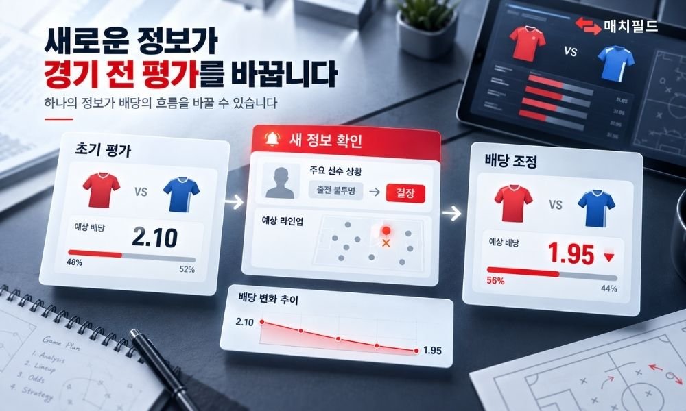 새로운 정보가 확인되며 경기 전 배당이 조정되는 과정을 보여주는 스포츠 분석 이미지