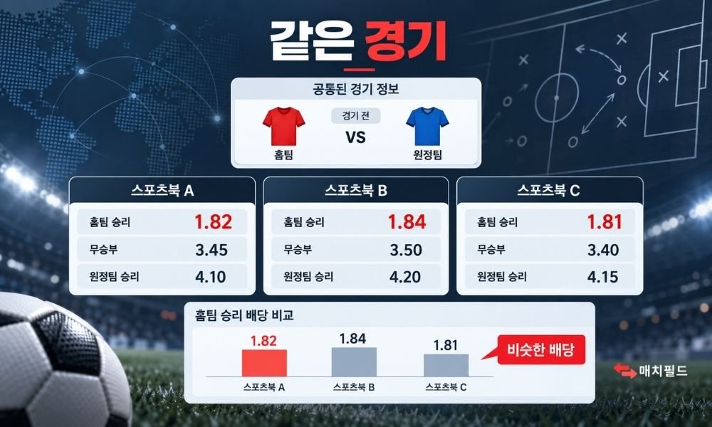 같은 경기의 스포츠북별 배당이 비슷하게 형성되는 모습을 비교한 이미지